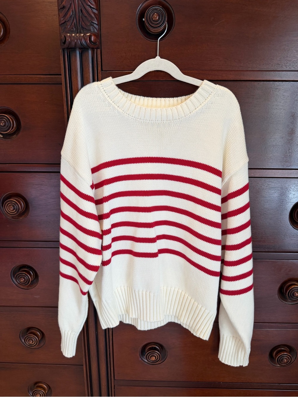 Cream Crewneck Sweater with Red Stripes